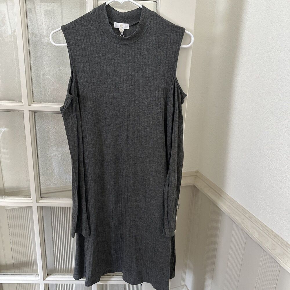 Cold Shoulder Dress Gray Women's Medium Ribbed Knee Length